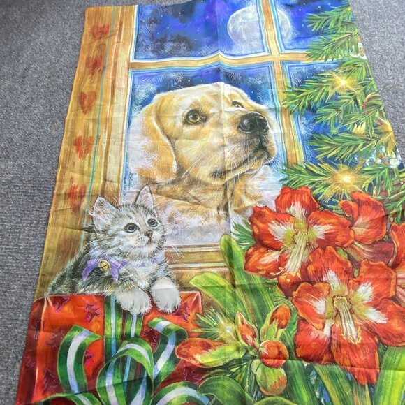 Christmas Dog & Cat House Flag By Donna Race Evergreen 2012 43x29 Peaceful Pets - Picture 2 of 10